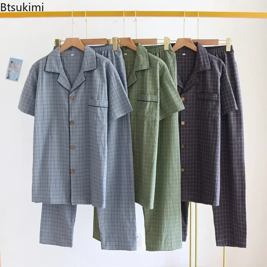 Pigiama Uomo Primavera Estate 2026: Completo a Maniche Corte e Pantaloni in Cotone Lavato, Stile Semplice a Quadri, per Casa (Pantalon Pijama Hombre)