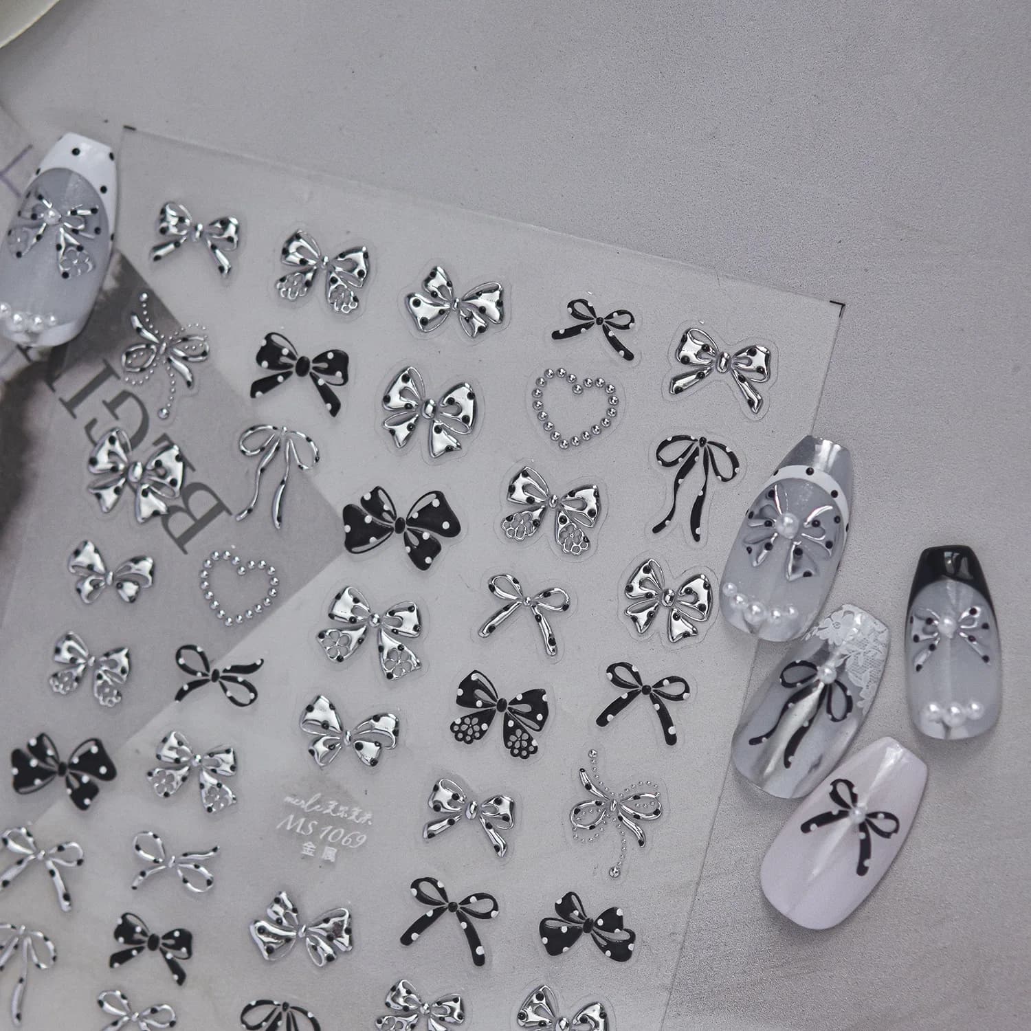 Metal Streamer Bow Nail Decal Bowknot 5D Black White Dot Bow Long Ribbon Pearl Heart Frame Rhinestone Delicate Nail Art Sticker