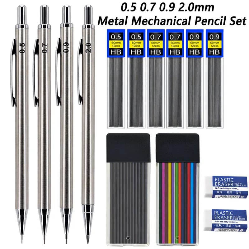 14pcs/set Creative 0.5 0.7 0.9 2.0mm Metal Mechanical Pencil Set with Lead, Automatic Pencil School Sketching Writing Supplies