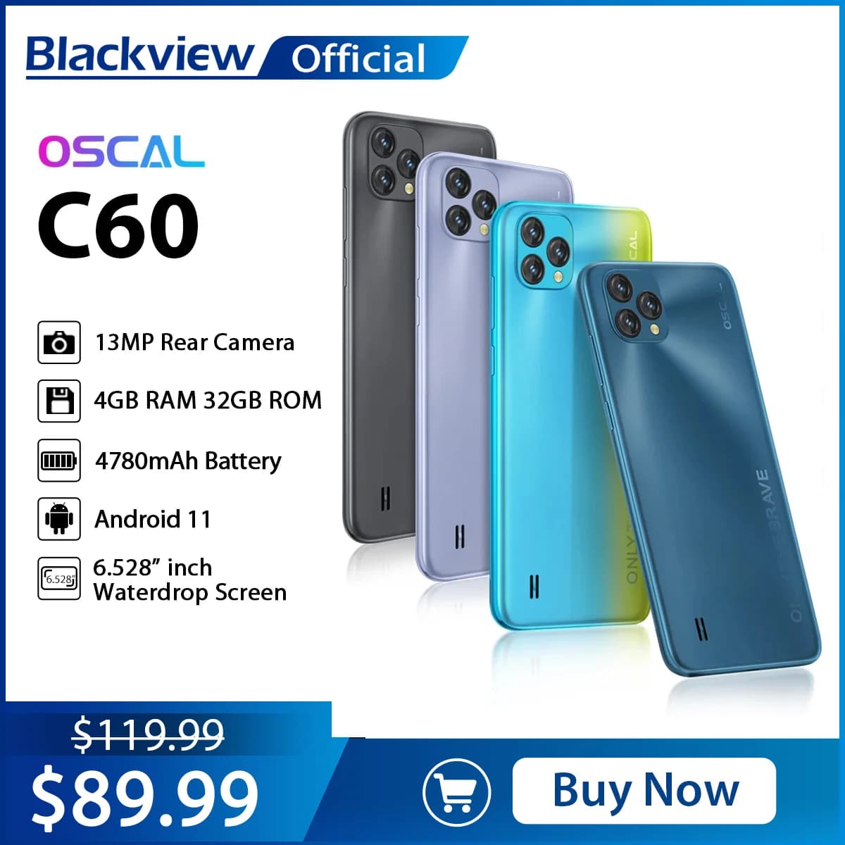 BLACKVIEW 2022 Nuovo Oscal C60 Smartphone 6.528 pollici 4GB + 32GB 4780mAh 13MP + 5MP Fotocamera Android 11 Telefono cellulare con 3 slot per schede