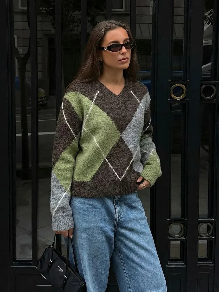 HH Moda Donna Argyle Maglione lavorato a maglia Casual Manica lunga con scollo a V Pullover Maglione 2026 Tendenza primaverile Maglieria Chic Top