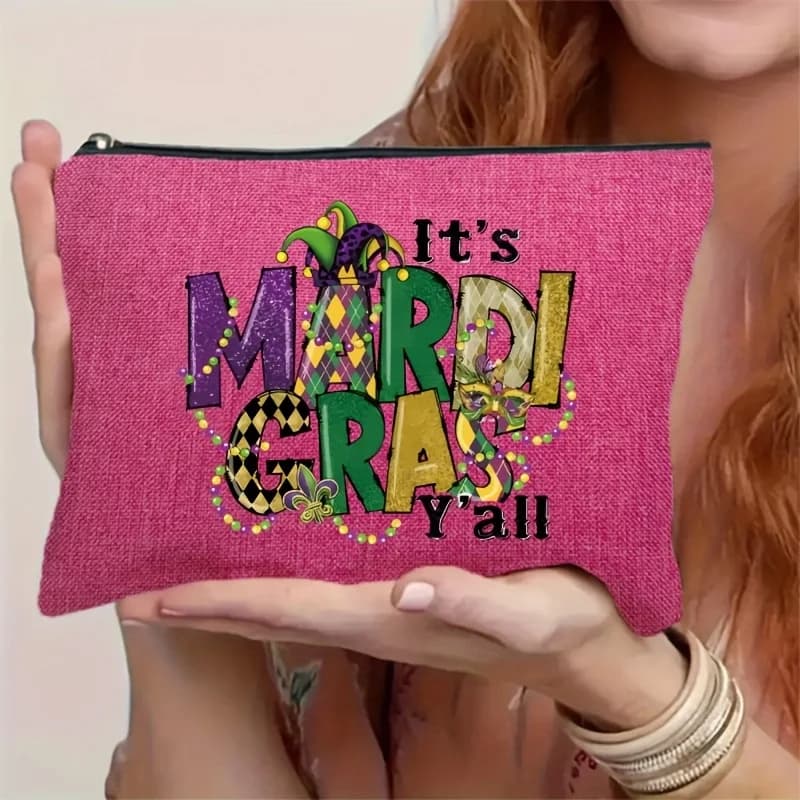 Borsa per il trucco con stampa di lettere a tema Carnevale, pochette con cerniera, borsa da viaggio per cosmetici, astuccio portapenne, borsa per articoli di cancelleria, per insegnanti
