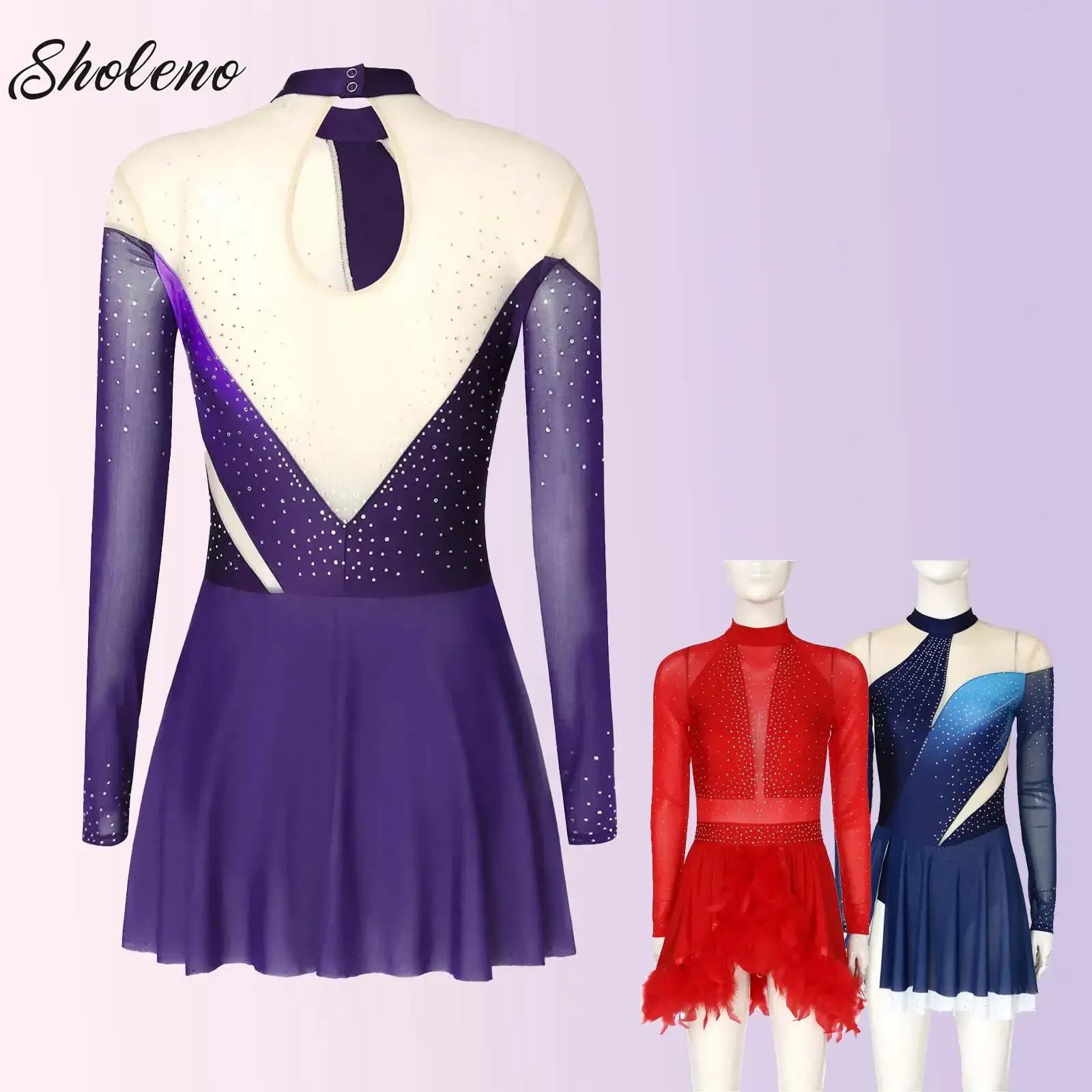 Abito da pattinaggio di figura per adulti, da donna, con strass lucidi, per balletto, ginnastica, danza, body con gonna, costume da competizione