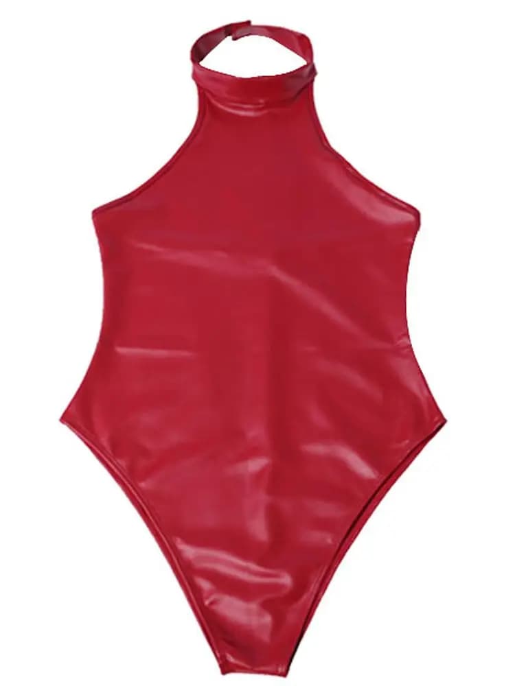 Faux Latex PU Leather Catsuit Backless Wet Look PVC costume da bagno Shiny PU Leather Close cavallo Body stretto Sexy Cosplay Body Top