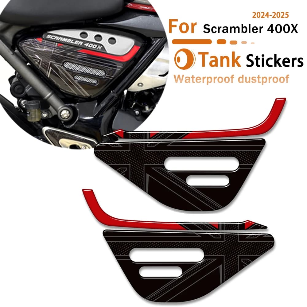 400 X Moto 3D Adesivi Rilievo del Carro Armato Manopole Laterali Ginocchio Carenatura Parafango Ruote Kit Decalcomanie Per Triumph Scrambler 400X 2024 2025