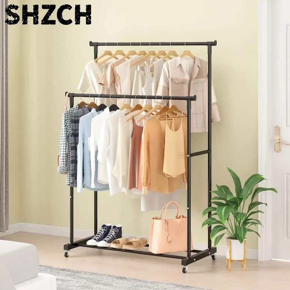 Movable Coat Rack Double Clothes Shelf Simple Rod Clothes Floor-Standing Bedroom Telescopic Floor Hangers Storage Coat Rack