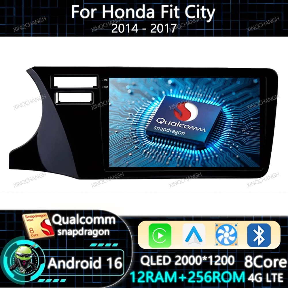Android 16 Car Radio Carplay Auto For Honda Fit City 2014 - 2017 Qualcomm 2DIN 4G WIFI BT Head Unit GPS QLED Navigation BT GPS