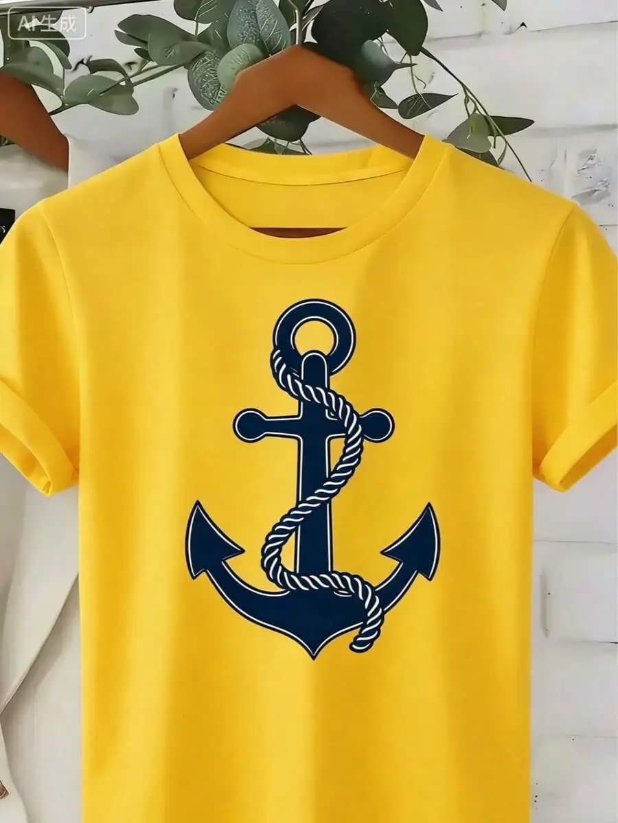 T-shirt da donna con grafica ancora nautica, gialla, morbida, traspirante, casual, per la spiaggia e la nautica