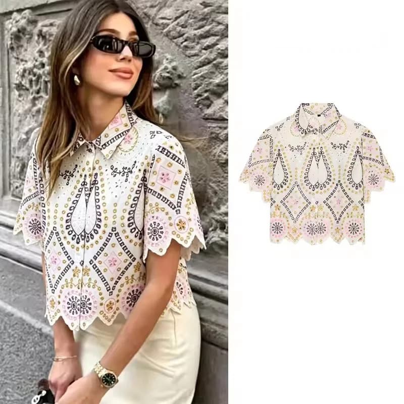 PRINTKAOIR Women's Fashion Hollow Out Embroidery Eyelet Shirt Summer Short Sleeve Casual Commute Wear Elegant Button-Down Blouse