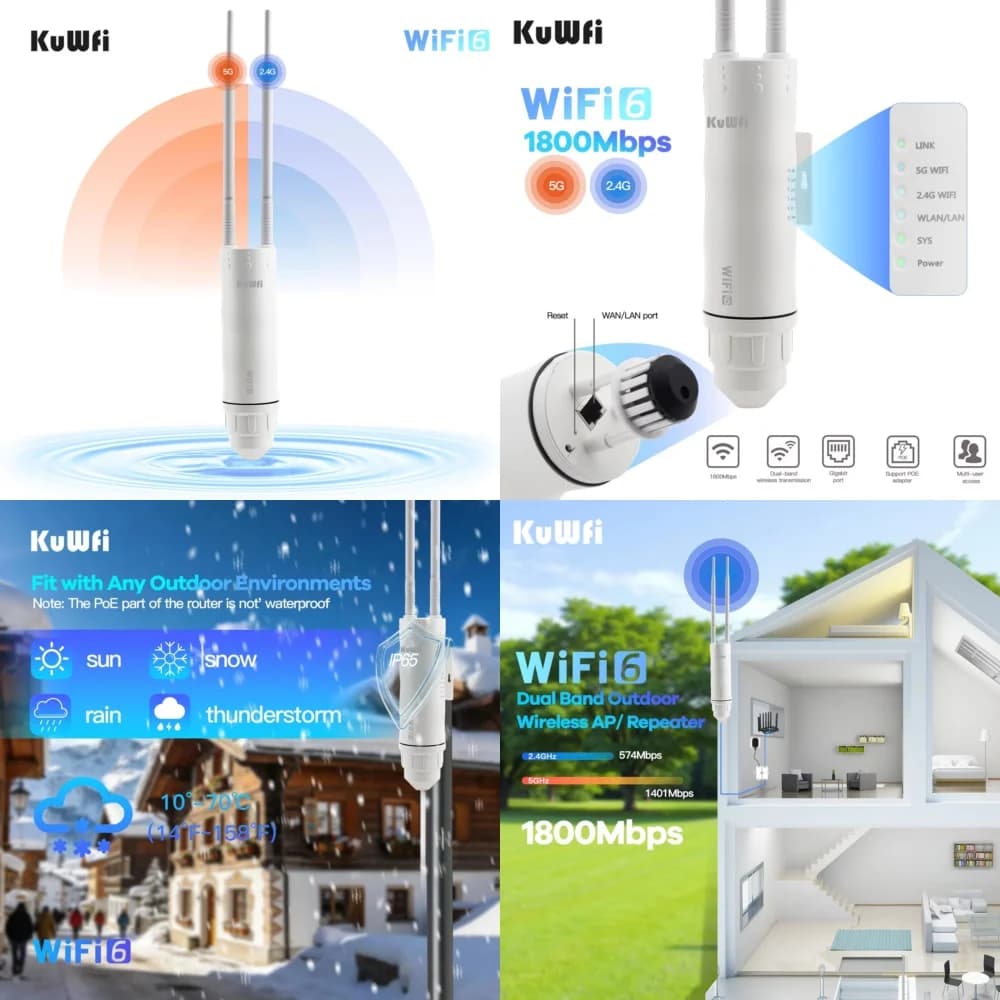 Access Point WiFi 6 da Esterno per LAN PA KuWFi 2.4G 5.8GHz 1800Mbps, Extender Mesh, Ripetitore Gigabit POE 48V Solare IP65 a Lungo Raggio