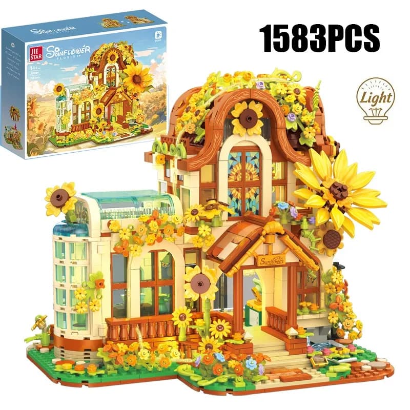 Set di Costruzioni Creative da 1583 Pezzi, Modello di Negozio di Fiori a Tema Girasole con Luci LED, Collezionabile Raffinato, Giocattolo Regalo