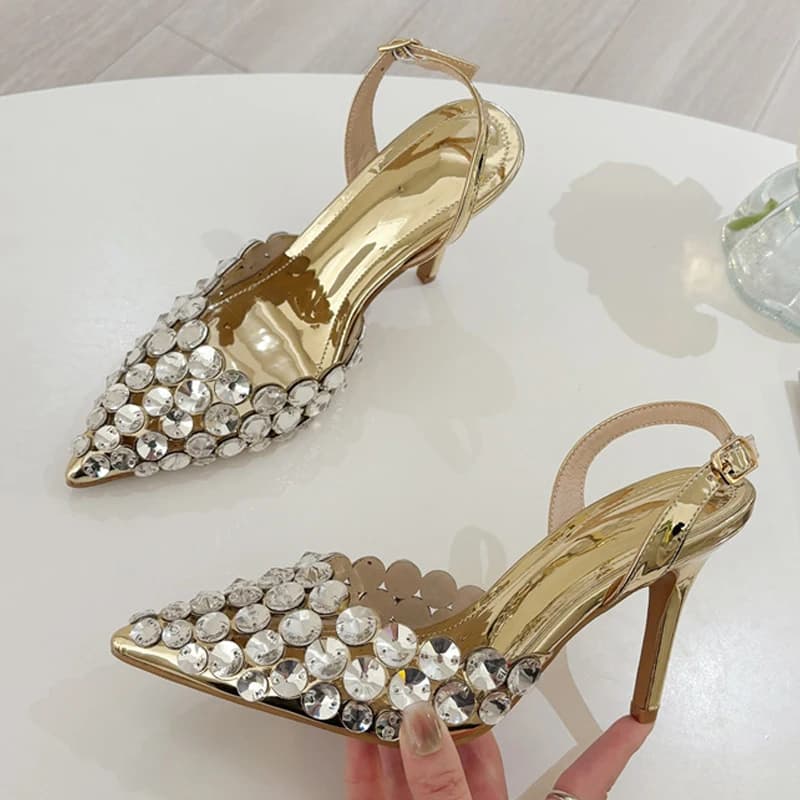 Liyke Elegante Punta a punta Slingback Sandali a spillo Diamanti di cristallo Donne Pompe Tacchi alti Scarpe da ballo di nozze Zapatos Mujer
