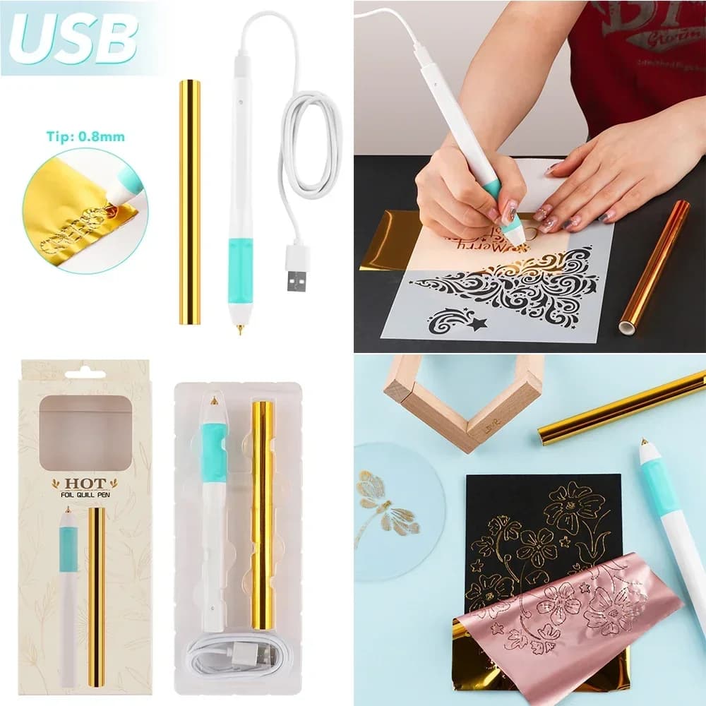 USB Powered Hot Foil Pen Set 0.8mm Heat Active Pen For Paper Leather Convertible Gold Foil Pens DIY Scrapbook Paper Cards Craft