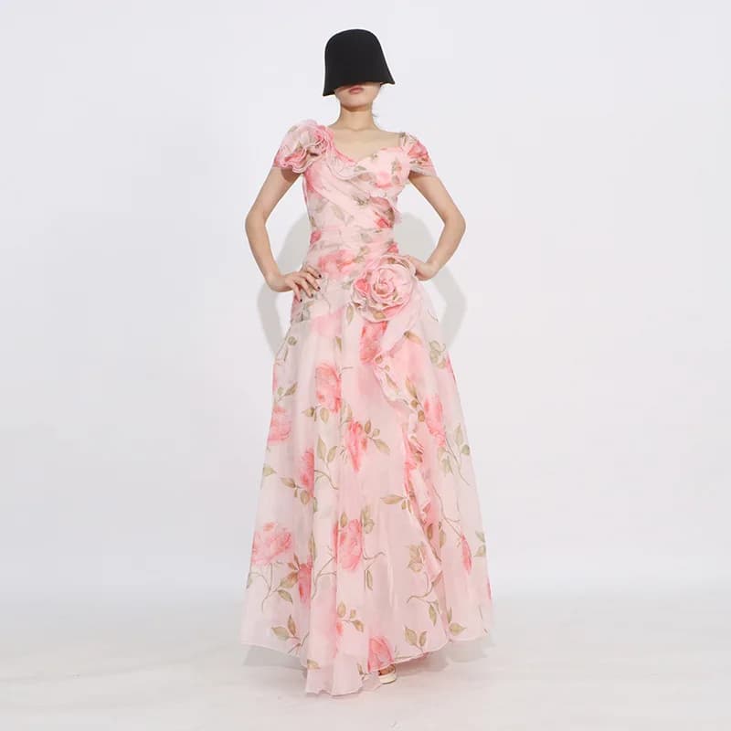 Spring Summer Women's French Floral Print Maxi Dress Belted Dresses Beach Vacation Party Gown Outfits