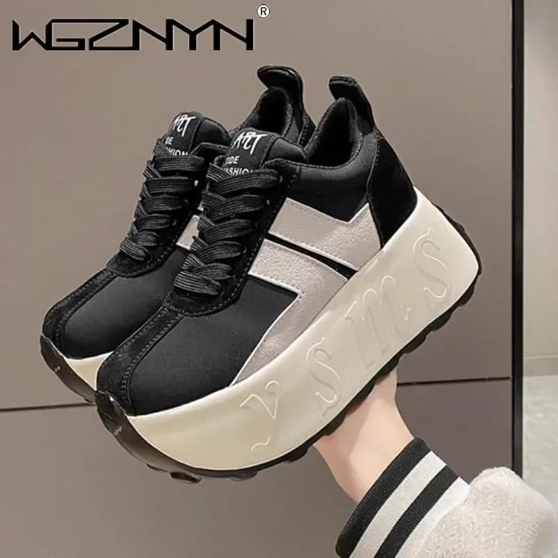 Women Platform Sneakers Shoes Autumn Lightweight Platform Shoes Round Toe Chunky Shoes Lace Up Flat Skateboard Shoe for Female