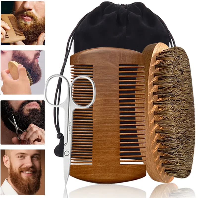 Set per la cura della barba da uomo, pratici strumenti da barbiere, spazzola per barba, setole in materiale resistente, pettine, forbici, comoda borsa per riporre gli oggetti