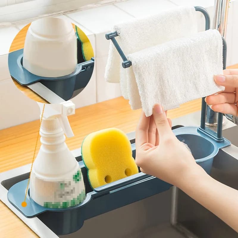 Cucina pop con portasciugamani, portaoggetti retrattile staccabile per lavello, spugna, pentola per lavare, spazzola, drenaggio, finitura