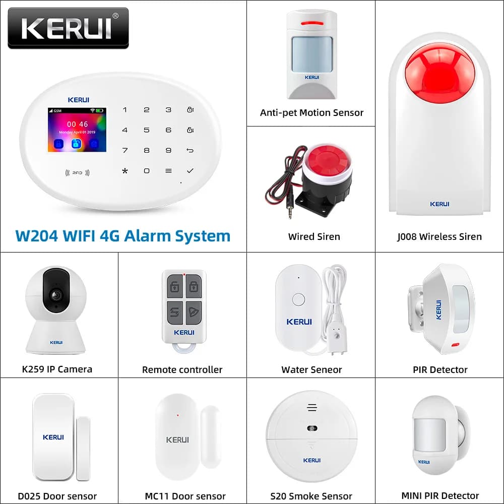 KERUI W204 4G WIFI GSM Sistema di Allarme Touch Panel di Sicurezza Domestica Tuya Smart RIFD APP di Controllo Remoto Antifurto PIR Sensore Porta Sirena