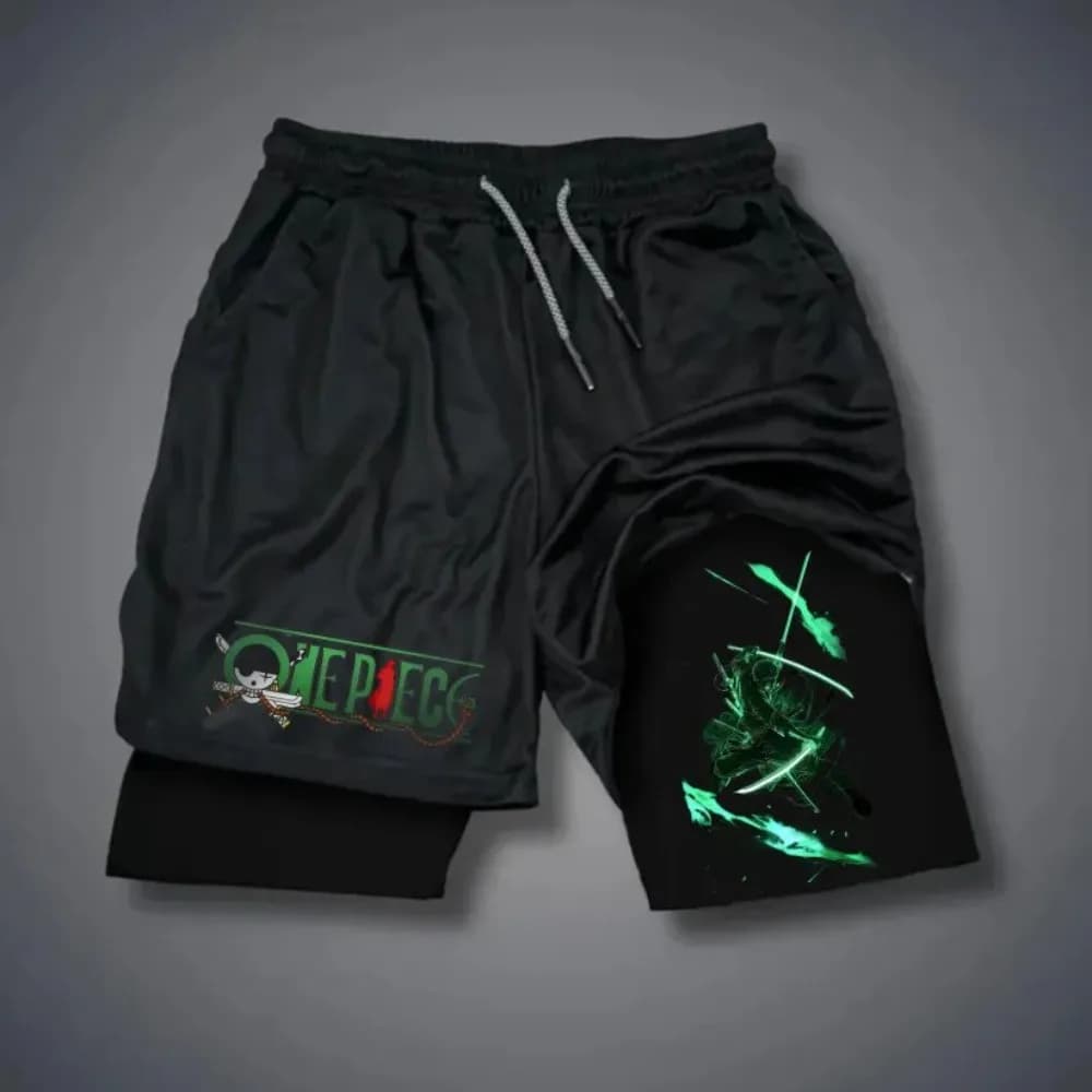 Pantaloncini doppi da uomo One Piece Roronoa Zoro Anime giapponesi Falsi pantaloncini estivi in due pezzi 2 in 1 Fitness Sport Pantaloncini Y2K ad asciugatura rapida