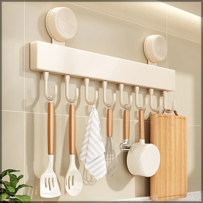 Suction Cup Punch Free Kitchen Hook Rack Carbon Steel Wall Mount Rust Proof Strong Load Bearing Kitchen Utensil Storage Rack