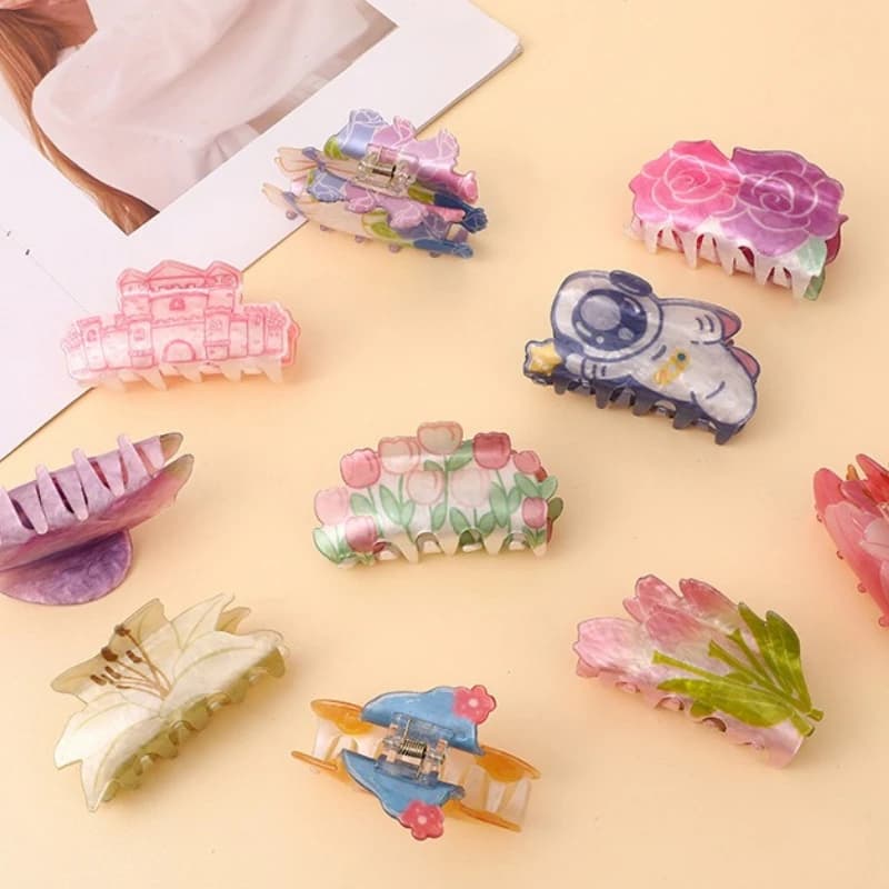 Acrylic Double Sided Flowers Printed Hair Claws Clips for Women Oversize Geometric Shark Hairpin Headwear Hair Accessories Sweet