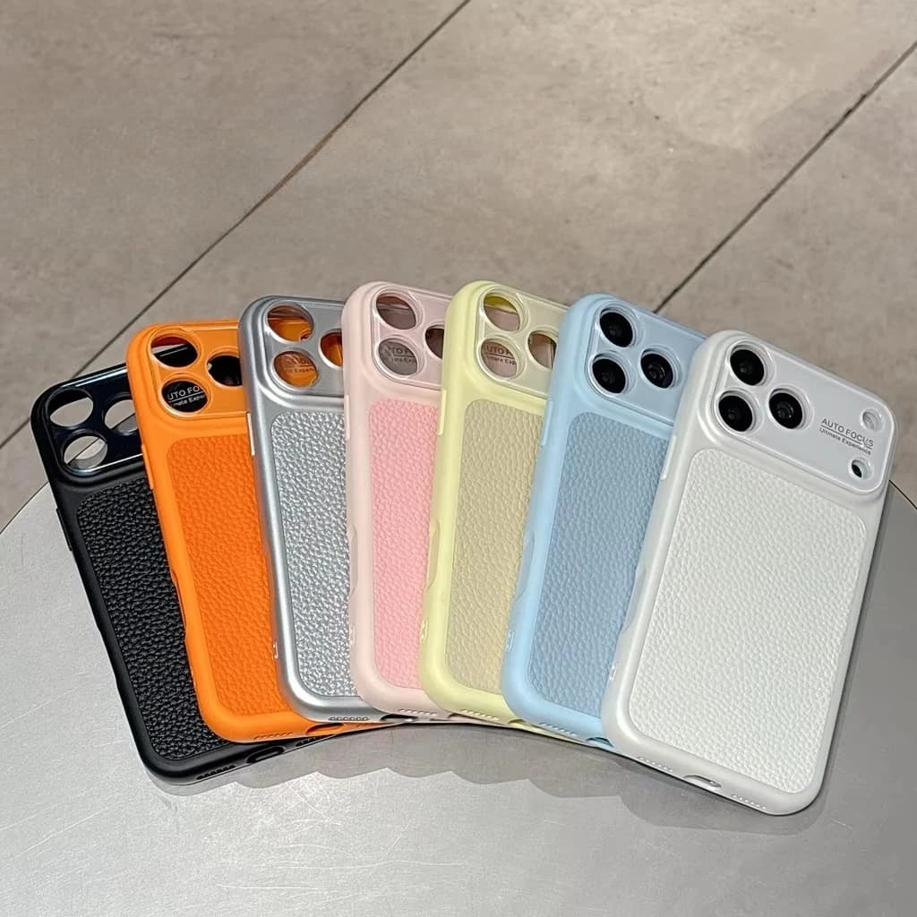 Custodia Protettiva Antiurto in Pelle Litchi di Lusso con Protezione Lente Fotocamera per iPhone 17 16 15 Pro Max