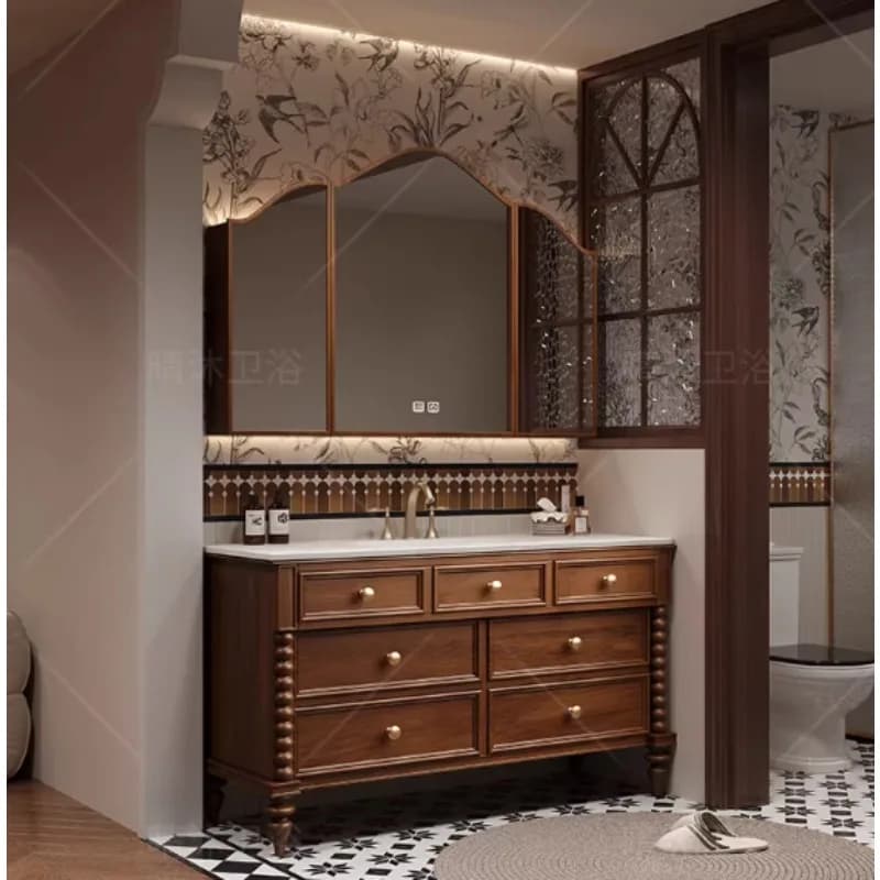 Mobiletto Bagno Angolare Vintage Europeo in Legno con Lavabo e Specchio, Mobile da Terra per Trucco e Bagno
