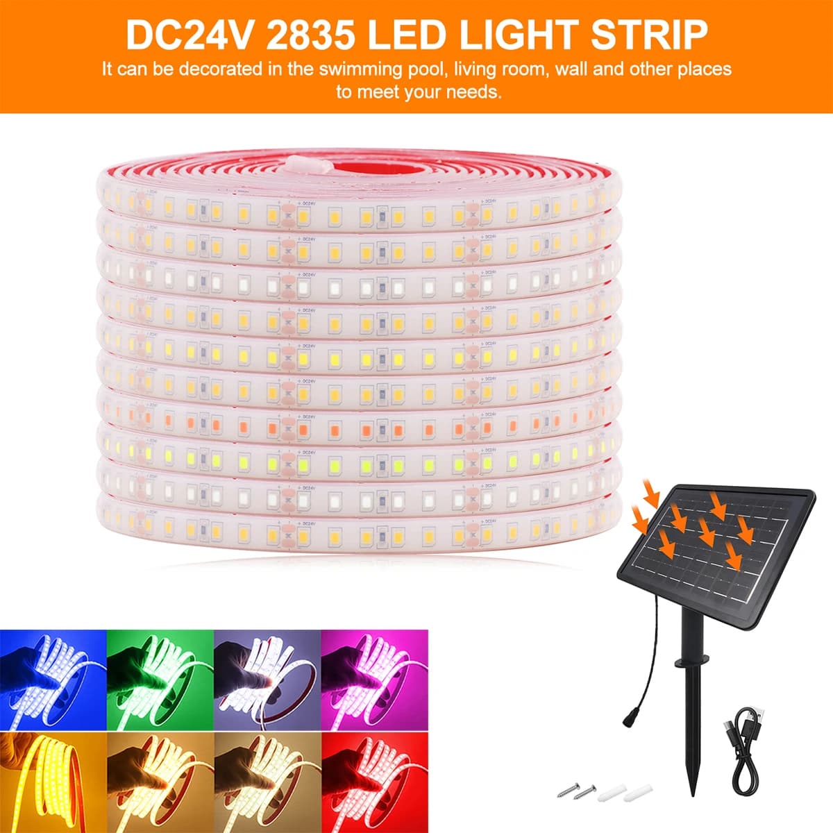 Striscia LED Solare 24V 2835 Bianco Caldo Naturale Rosso Verde Blu 120 LED/m IP68 Impermeabile Flessibile ad Alta Densità Illuminazione Lineare