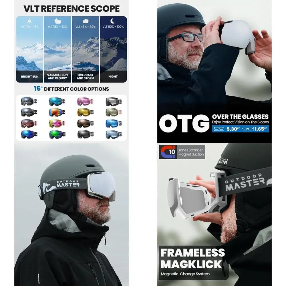 Occhiali da sci senza montatura con 2 lenti magnetiche HD Toric, design sopra gli occhiali per lo snowboard