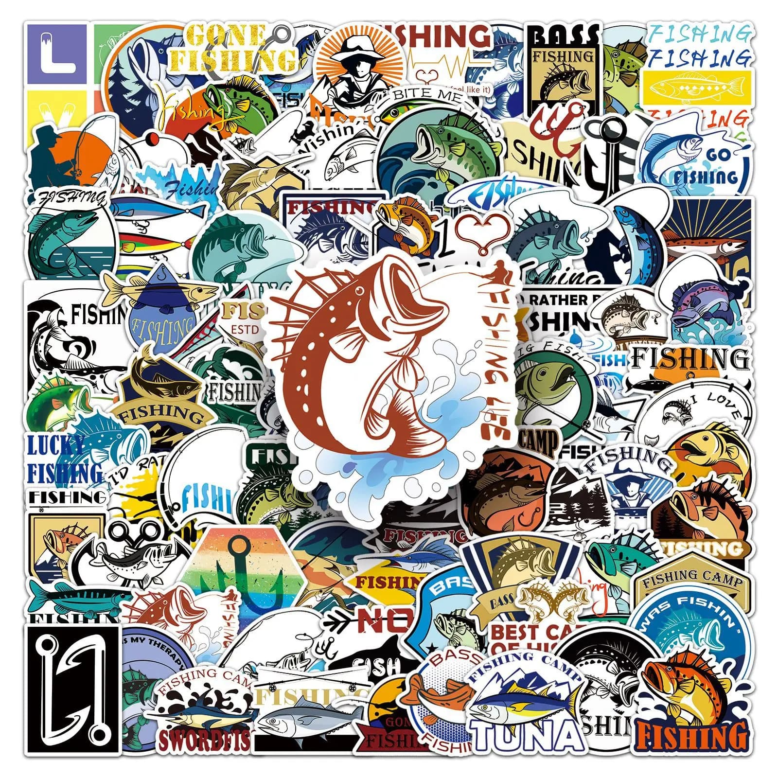 100 Adesivi Decorativi Graffiti da Pesca Disegnati a Mano per Bottiglie d'Acqua, Telefoni, Scatole da Pesca