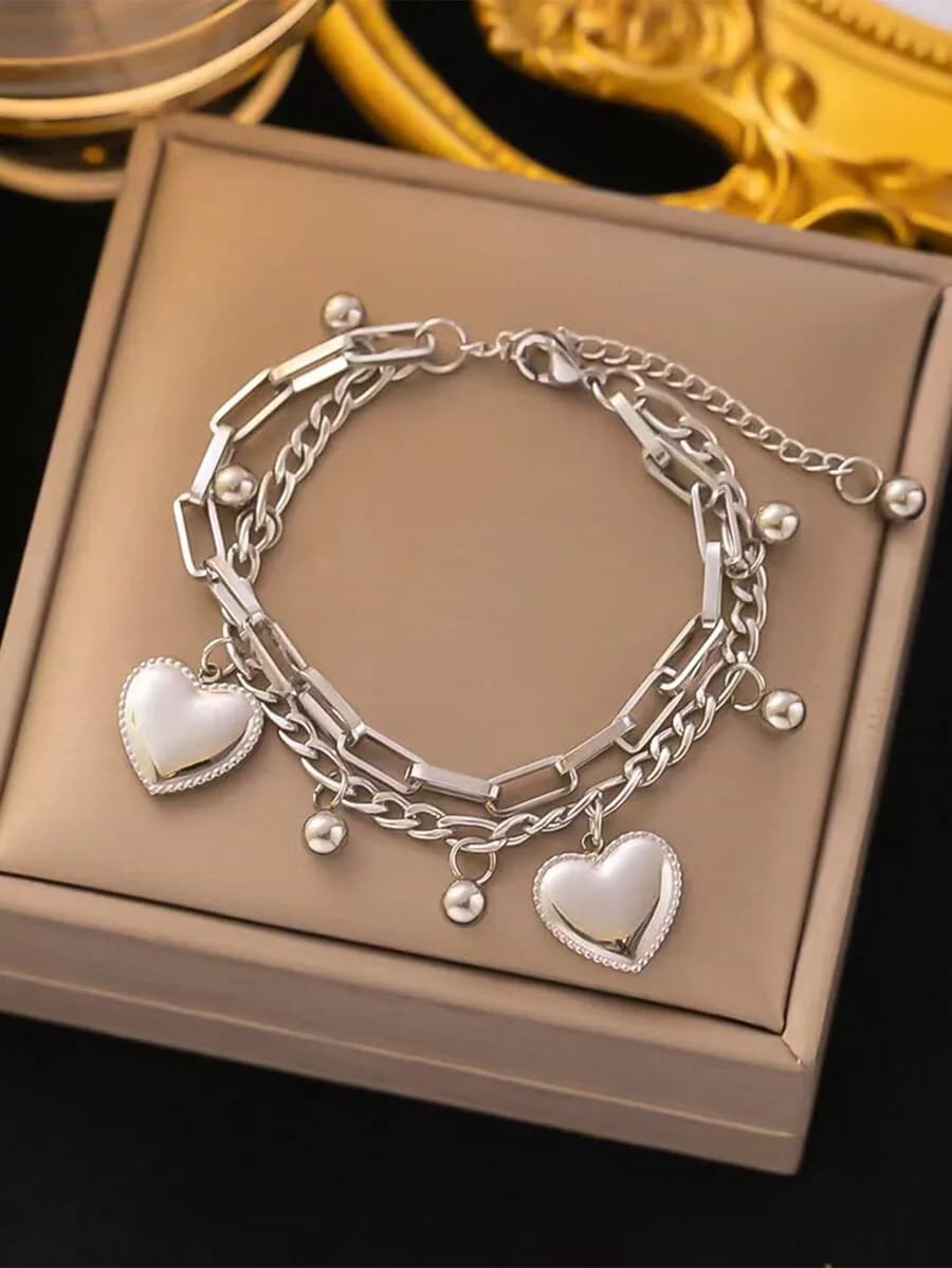 Stainless Steel Heart Pendant Double Layer Chain Bracelet For Women Daily Wear Gift