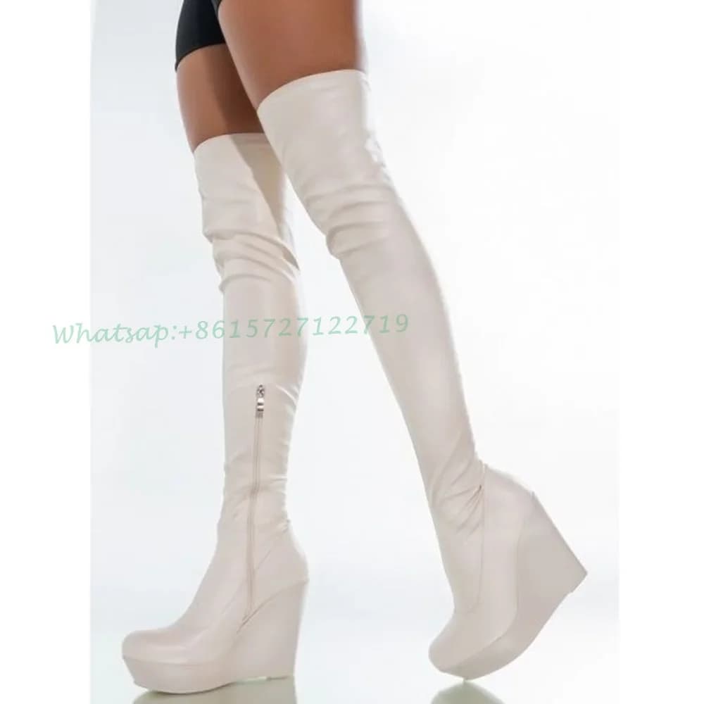 Stivali alti al ginocchio con zeppa e plateau Stivali lunghi elasticizzati in pelle bianca con punta tonda chic Tacchi sottili Stivali primaverili da donna 2022
