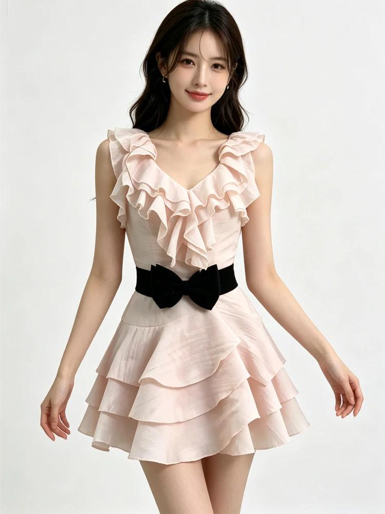 Sweet Style V-Neck Sleeveless Dress Women's Summer New Waist Cinching Slimming Short Skirt Holiday Vibes High Waist A-Line Skirt