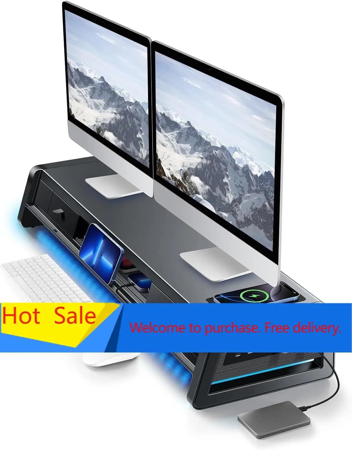 All-in-One Dual Monitor Stand Riser with 2 Drawers, 8USB Ports and Wireless Charging Pad with LED Light Strip for 2 Monitors , D