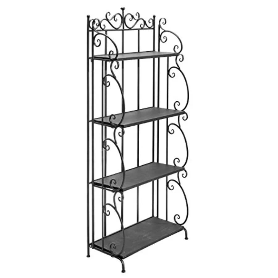 Scaffale decorativo da interno: scaffale autoportante in metallo nero con cornice decorata, 4 ripiani in legno, ideale per vasi di piante.