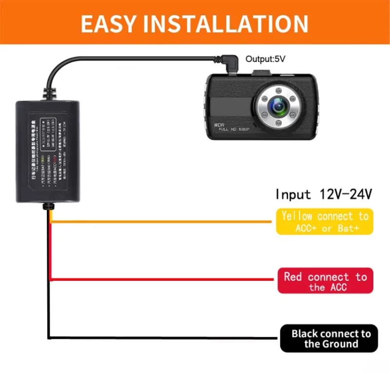 Kit di Cablaggio per Dash Cam Auto, Monitor di Parcheggio ACC, Cavo di Alimentazione da 12V/24V a 5V, Accessori Elettronici per Auto