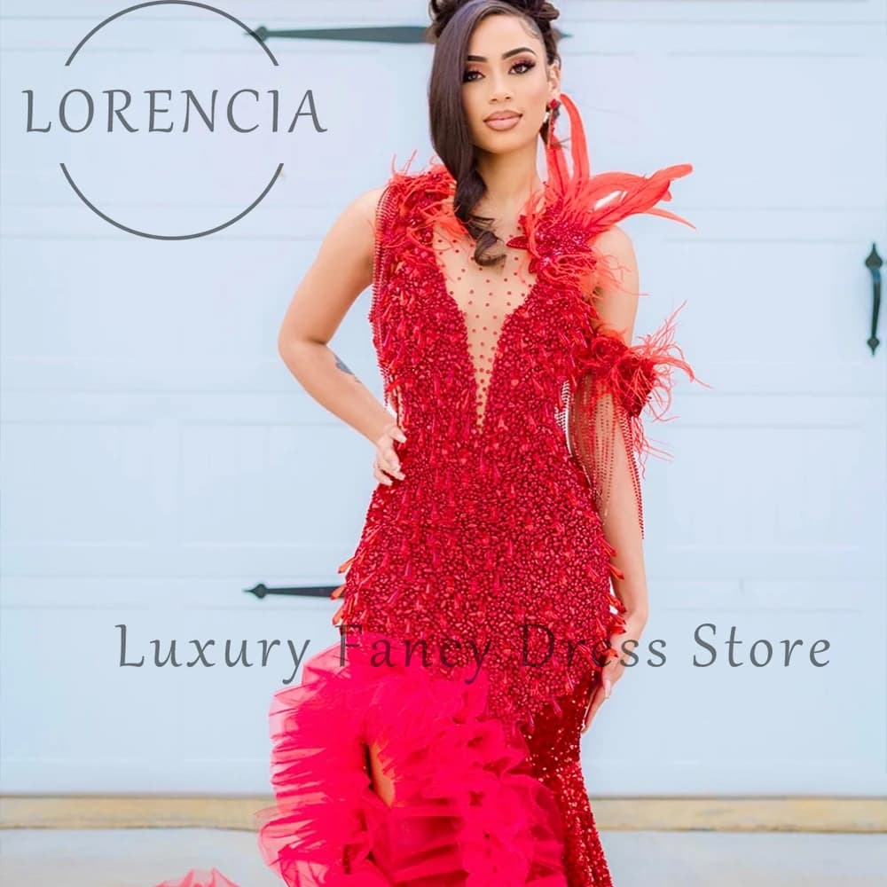 Ornamenti di cristallo di lusso Abiti da ballo Tulle Pieghe Sirena Abiti da festa di nozze Abiti da cerimonia con spacco laterale personalizzato