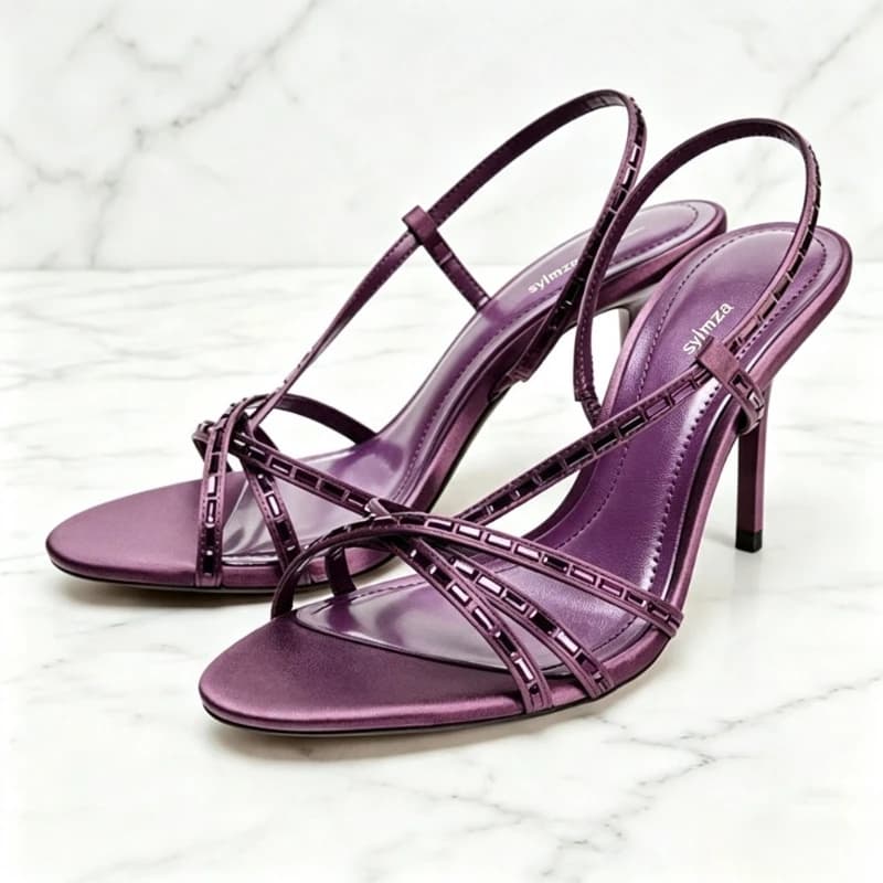 Purple Rhinestone Detail Heeled Sandals Women Sexy Open-toe Cross Tied Slingback Heels Fashion Round-toe Stiletto Designer Shoes