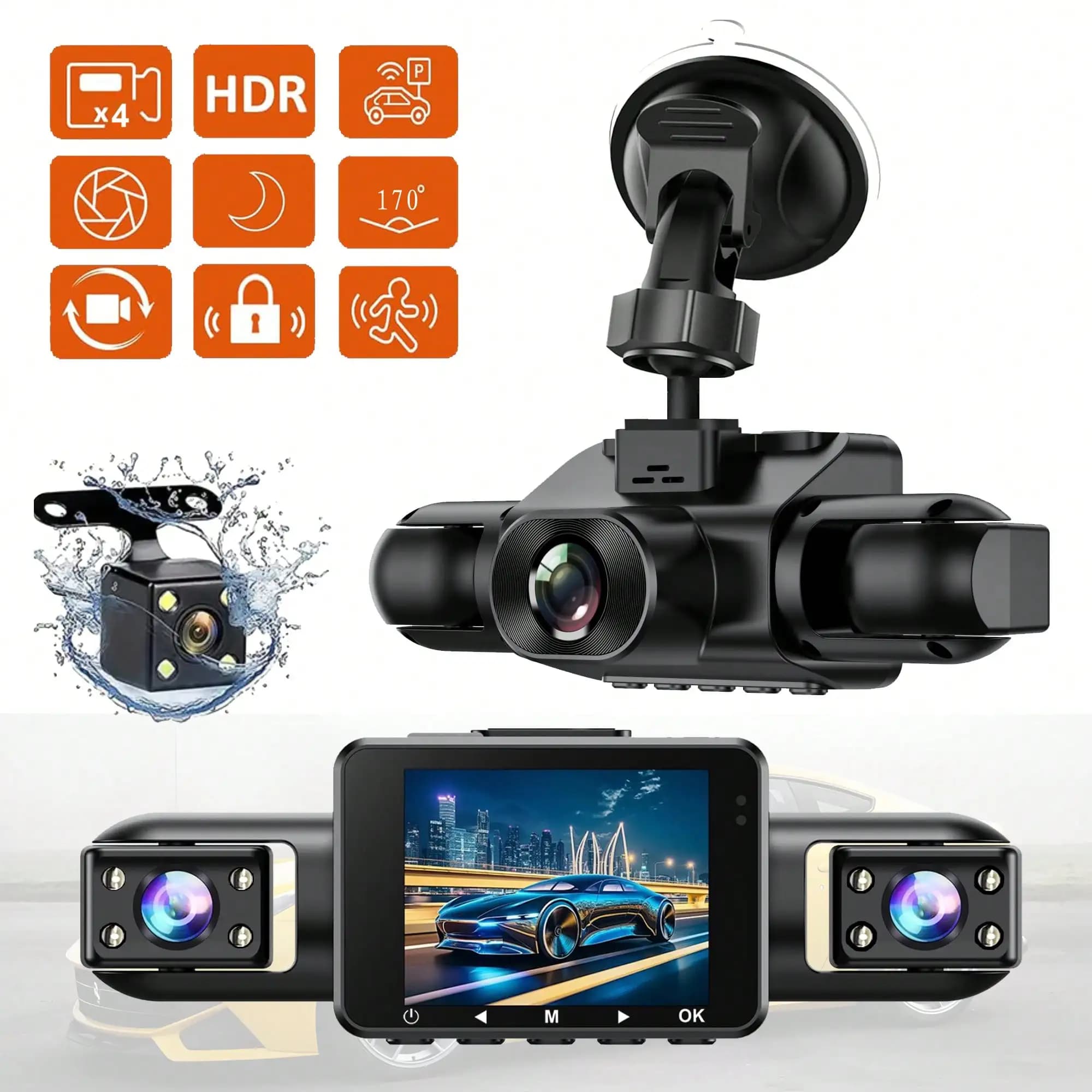 360 ° Dash Cam a 4 canali, registrazione FHD per frontale, posteriore, sinistra e destra. Dotato di display da 2 pollici e funzione di registrazione in loop, scheda SD non inclusa.