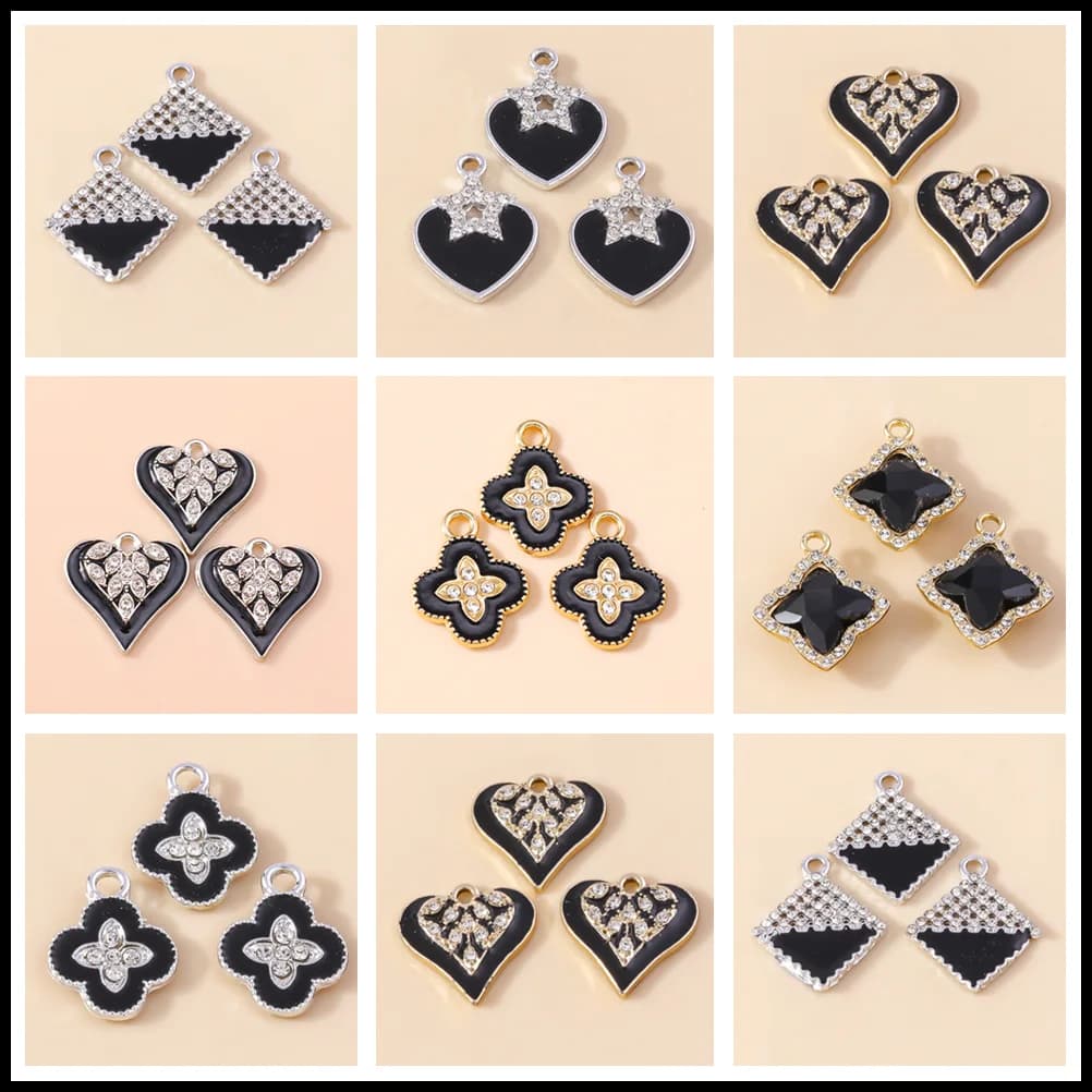 Leslie 10pcs Elegant Black Crystal Clover Star Hearts Pendants for Charms Earrings Bracelet Necklace DIY Jewelry Making Handmade