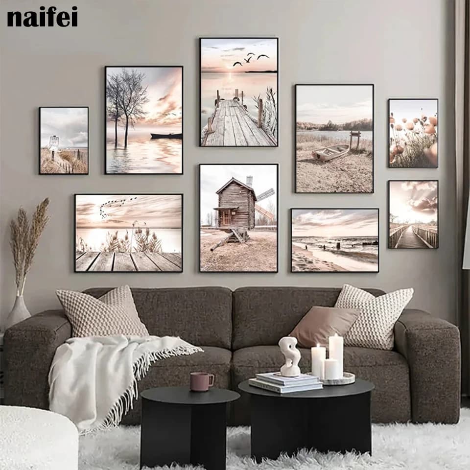 Natura paesaggio pittura diamante pieno paesaggio spiaggia mosaico ricamo ponte di legno fieno fiore barca punto croce decorazioni per la casa