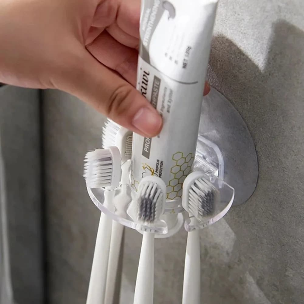 1Pc Wall‑Mount Self‑Adhesive Bathroom Shelf, Toothpaste Dispenser Squeezer with Toothbrush & Shaver Holder Storage