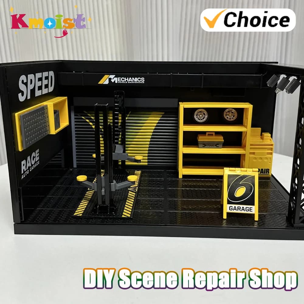 Lega 1/24 modello di auto fai da te negozio di riparazione scena con luci giocattolo modello di edificio display ornamento acrilico collezione giocattoli per il regalo del ragazzo