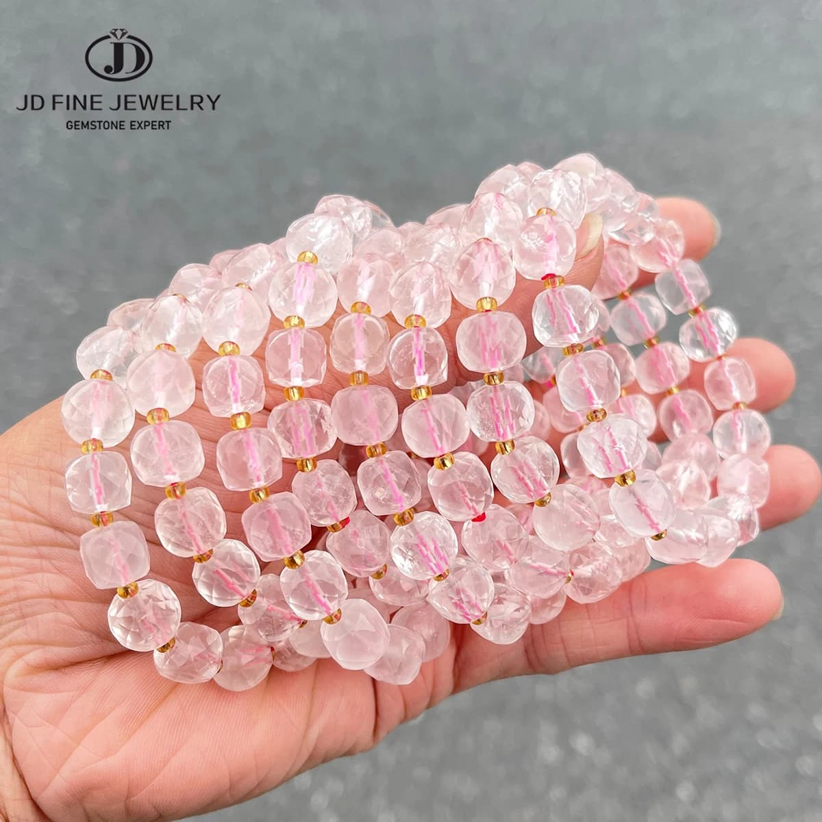 JD Natural Stone Pink Quartz Faceted Square Strand Bracelets Women Single Circle Healing Bangles Hand Strings Friendship Gift