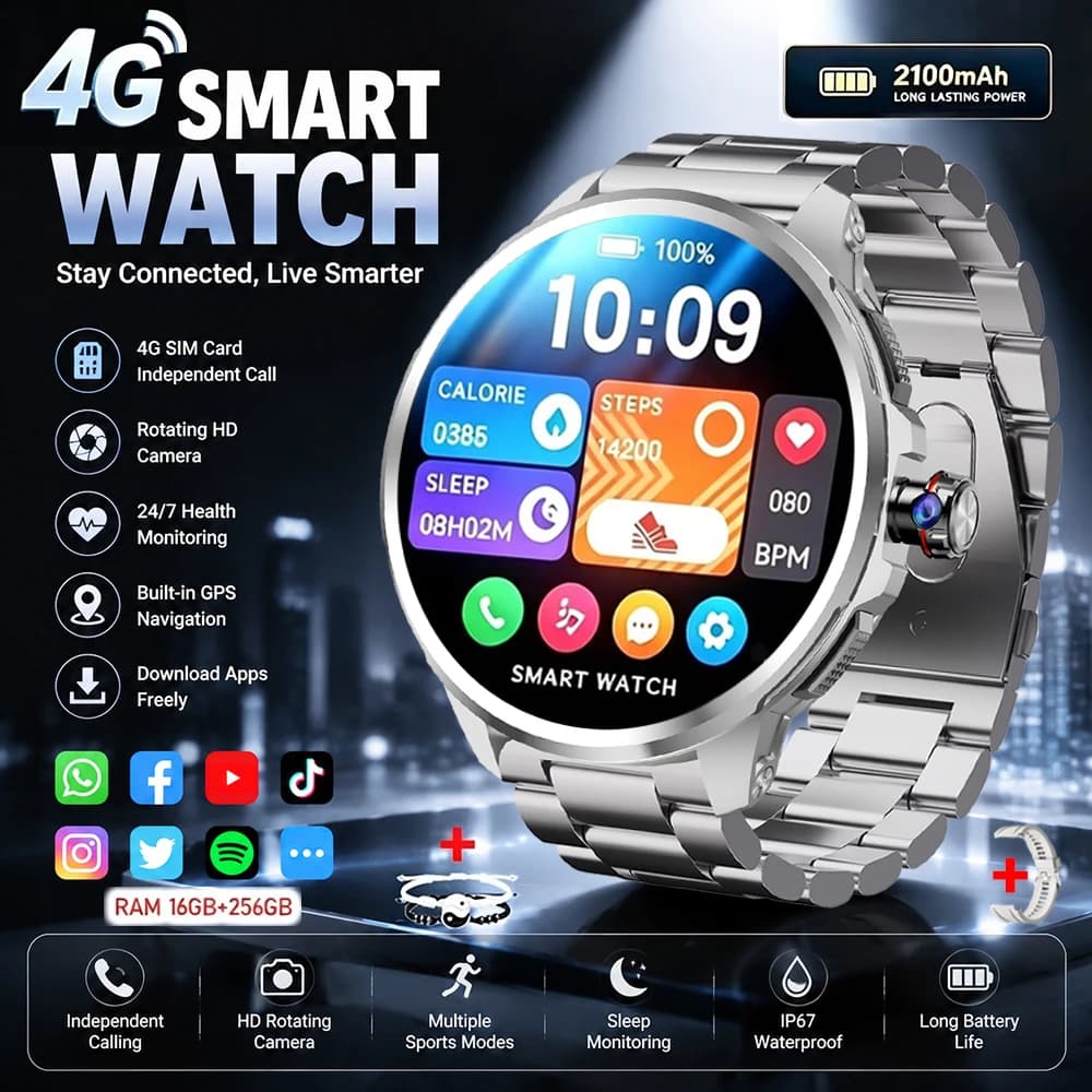 4G/3G Full Network Leather Smart Watch 720*720 AMOLED Screen 16GB+256GB RAM Watch GPS WIFI Tiktok Google APP Download Smartwatch