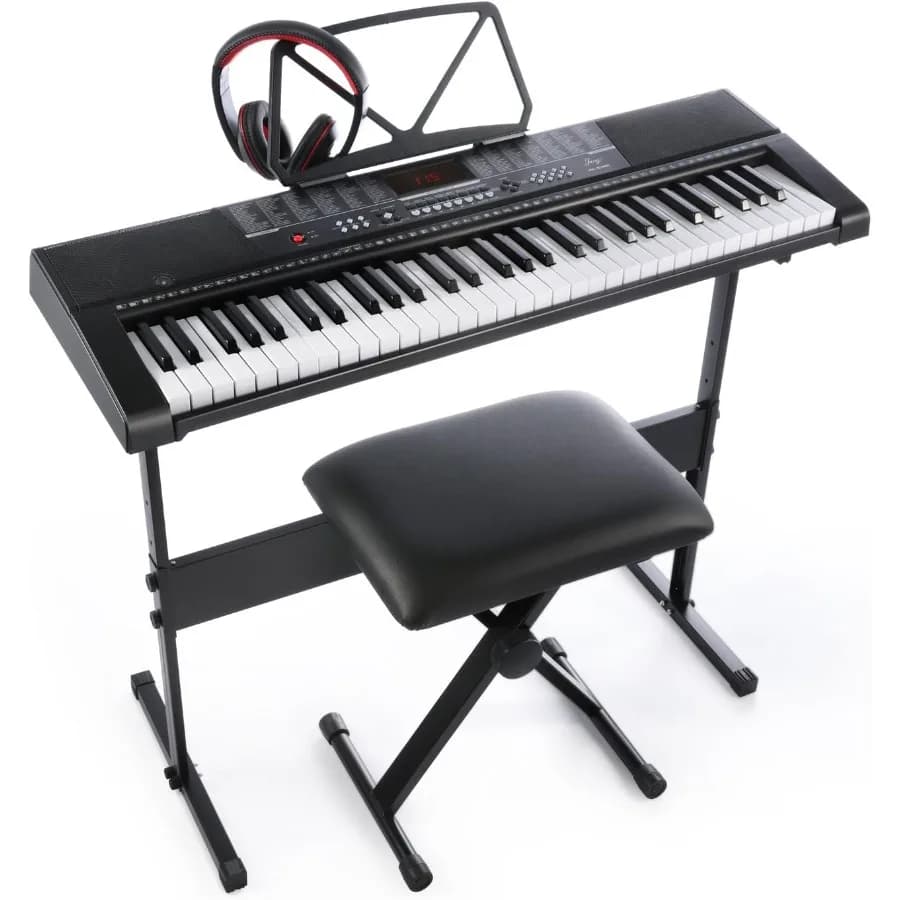 Tastiera Standard a 61 Tasti con Lettore Musicale USB, Supporto per Cuffie, Sgabello e Alimentatore in Nero per Uso Domestico e Studio