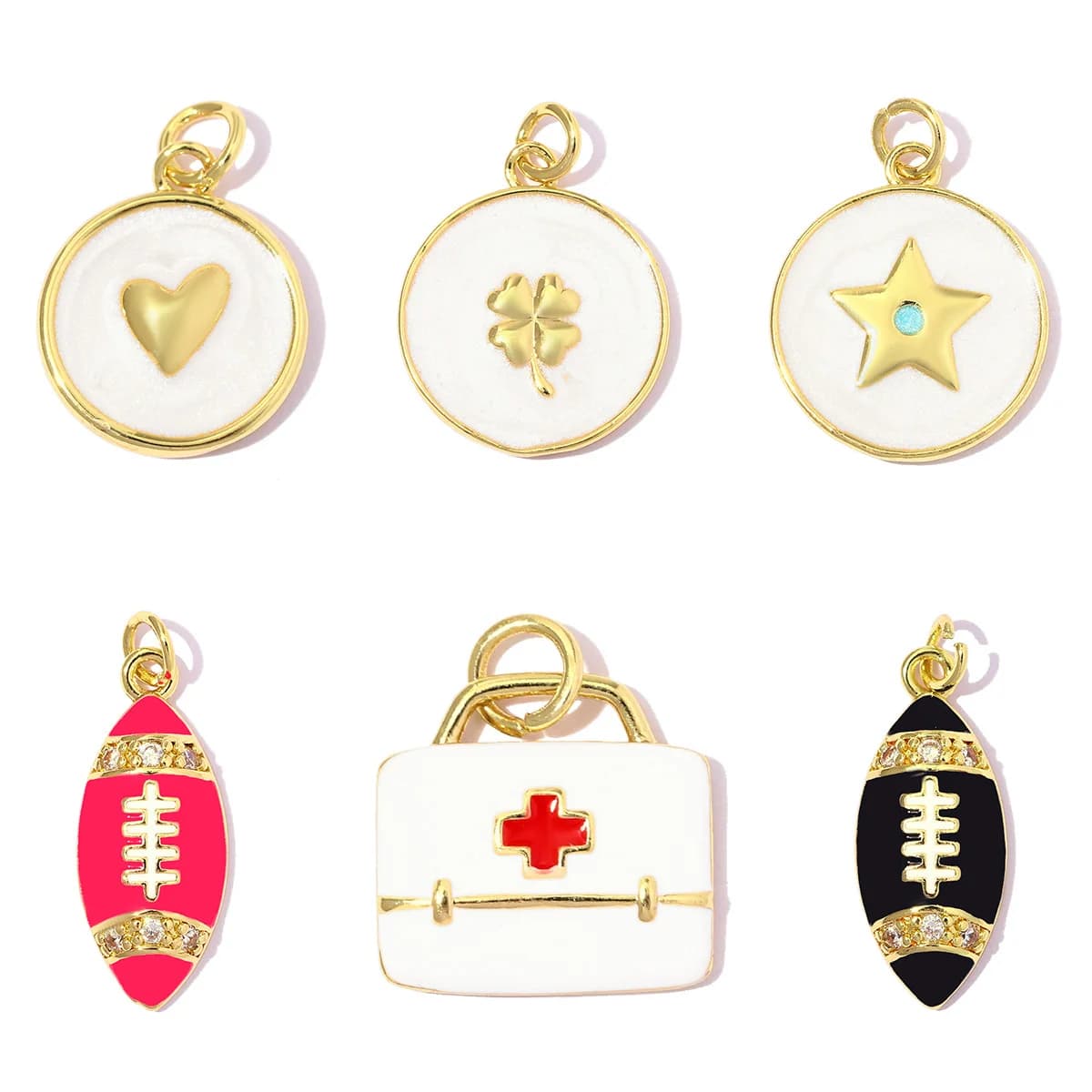 5 pz/lotto Ciondoli smaltati in rame con zirconi per collana, a forma di rugby, rotondi, a cuore, a stella, a trifoglio, a kit di pronto soccorso, fai da te, per gioielli da donna, all'ingrosso