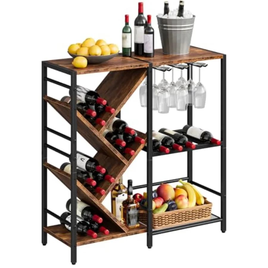 Portabottiglie da terra autoportante con portabicchieri, mini tavolo bar con ripiano espositivo sfalsato per bottiglie di liquori, espositore a 3 livelli per liquori