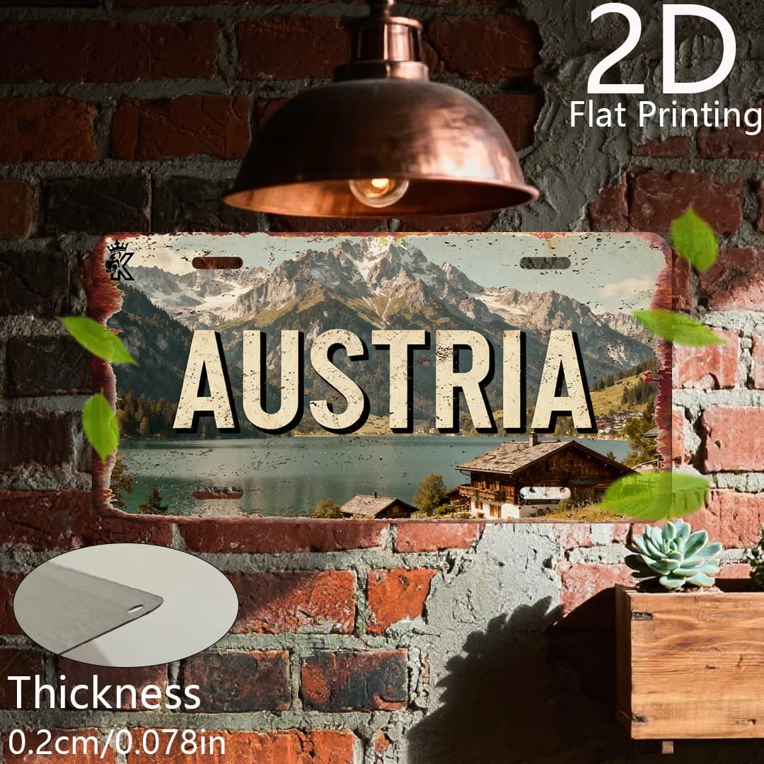 Targa Vintage Austriaca con Scenari di Chalet e Laghi Alpini, Insegna in Alluminio 2D per Decorazione Murale Europea