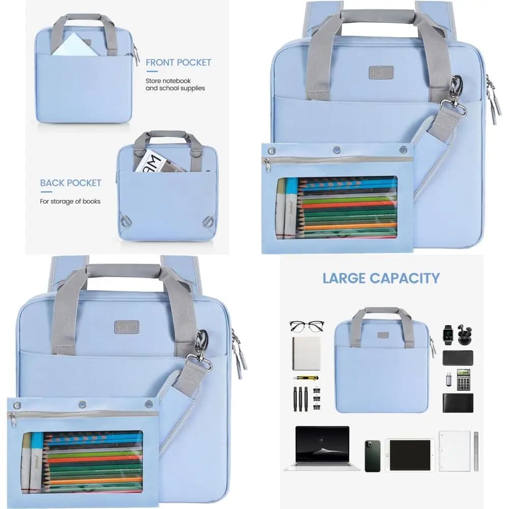 3 D rings hinge collector, double straps and handle - Suitable for 13 inch laptop, tablet and school material, blue color